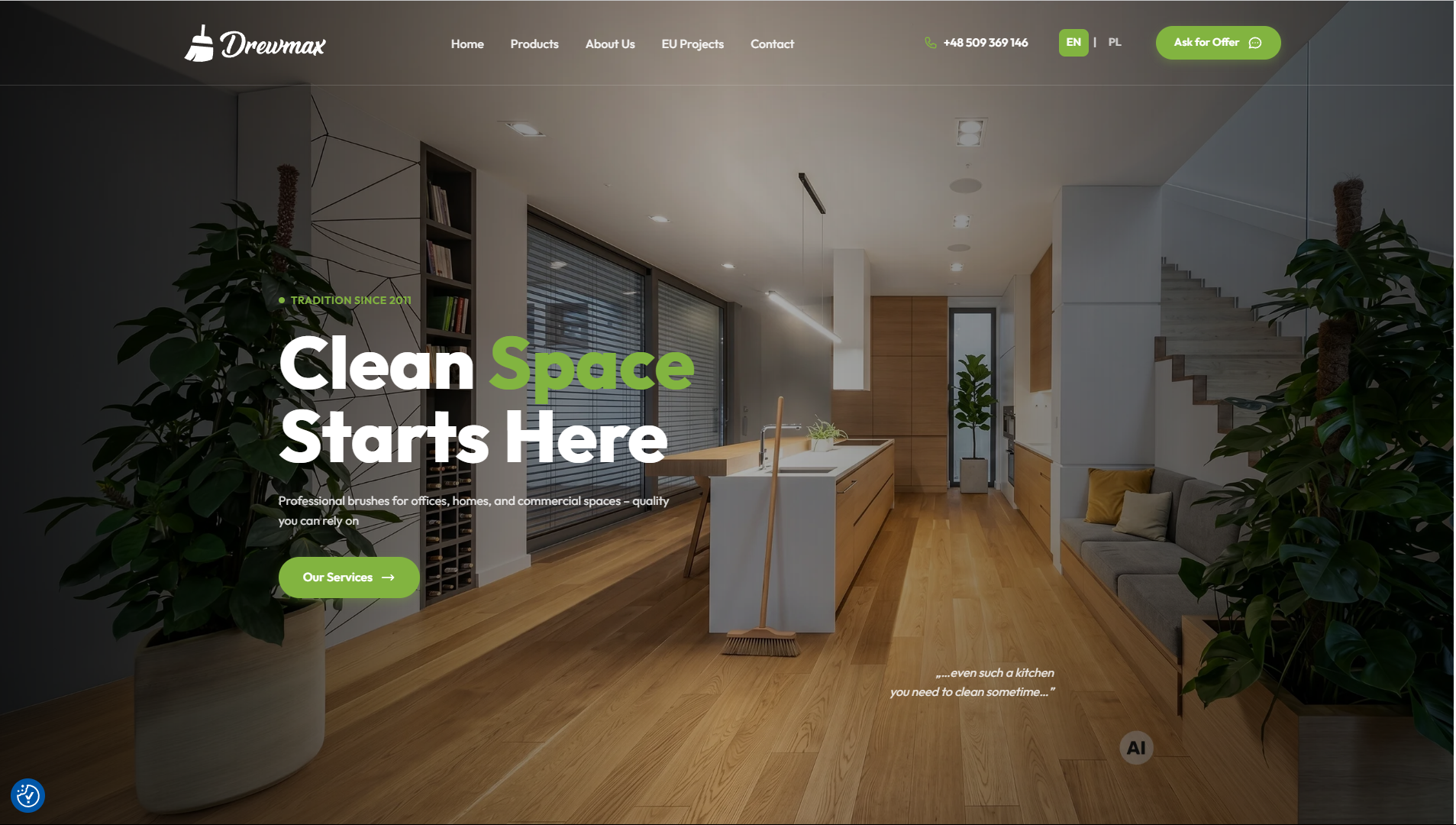 Serwis Drewmax.pro w wersji angielskiej: Clean Space Starts Here – prezentacja oferty producenta szczotek